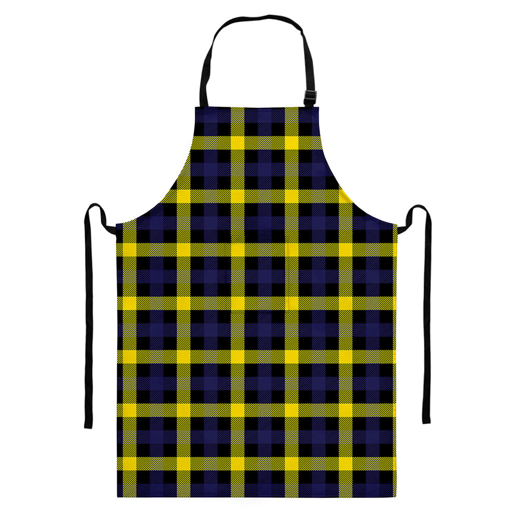 Yellow Navy And Black Plaid Print Bib Apron With Pocket