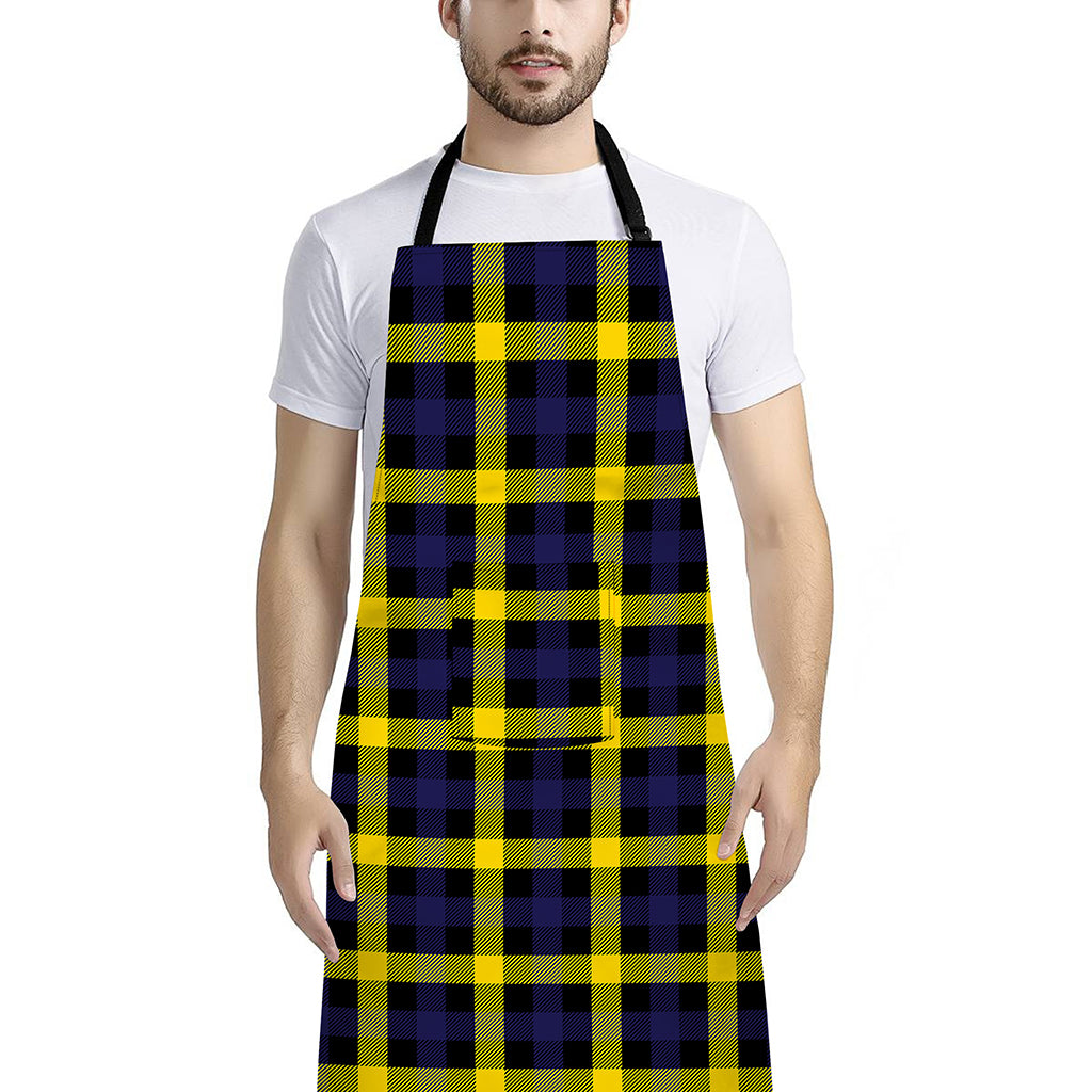 Yellow Navy And Black Plaid Print Bib Apron With Pocket