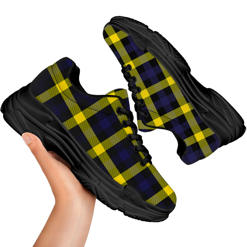 Yellow Navy And Black Plaid Print Black Chunky Shoes