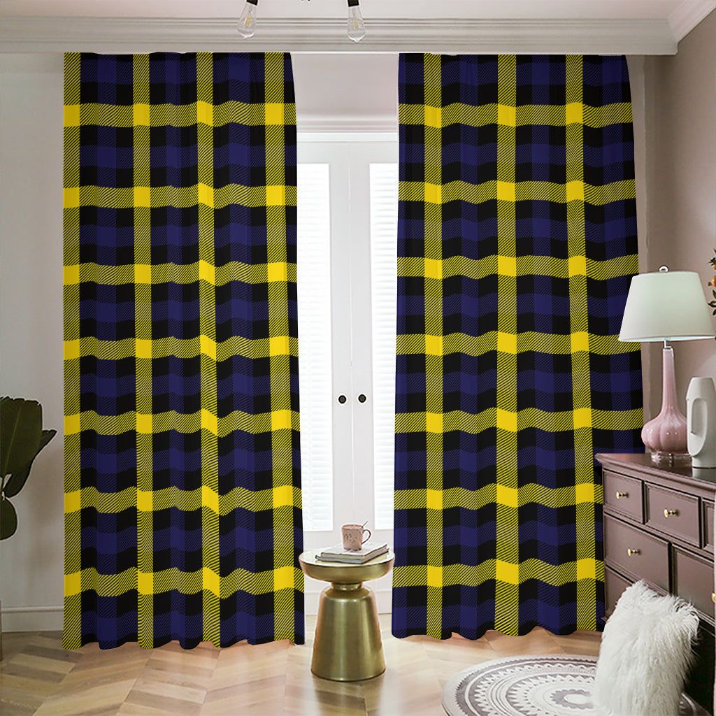 Yellow Navy And Black Plaid Print Blackout Pencil Pleat Curtains