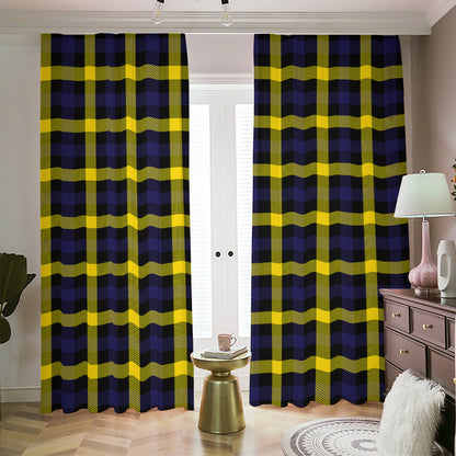 Yellow Navy And Black Plaid Print Blackout Pencil Pleat Curtains