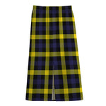 Yellow Navy And Black Plaid Print Cotton Front Slit Maxi Skirt
