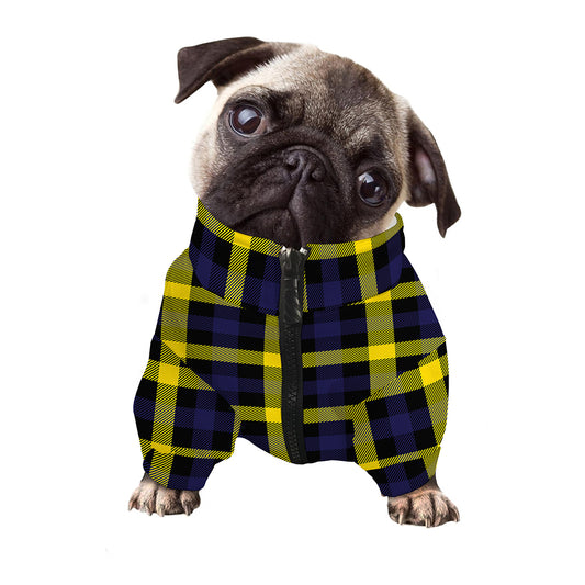 Yellow Navy And Black Plaid Print Dog Zip Up Jacket
