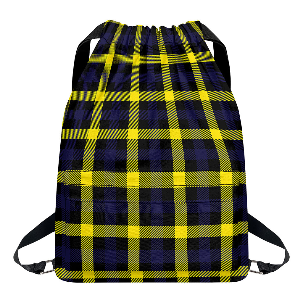 Yellow Navy And Black Plaid Print Drawstring Backpack