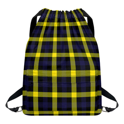Yellow Navy And Black Plaid Print Drawstring Backpack