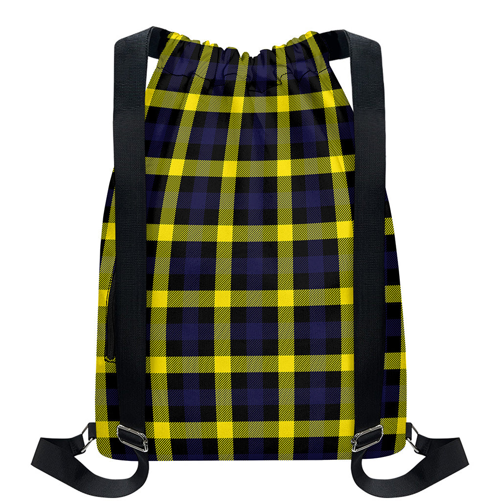 Yellow Navy And Black Plaid Print Drawstring Backpack
