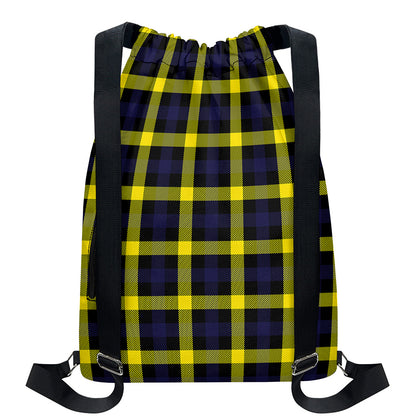 Yellow Navy And Black Plaid Print Drawstring Backpack