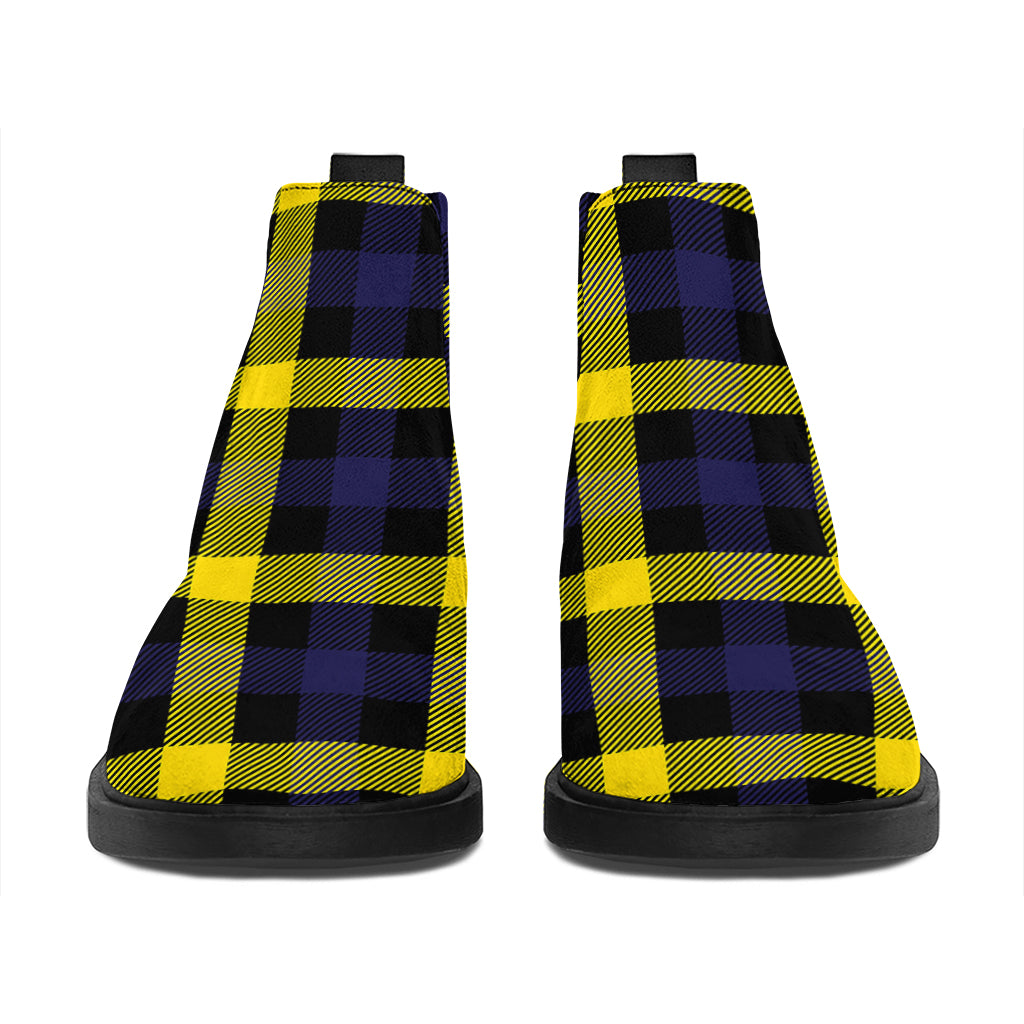 Yellow Navy And Black Plaid Print Flat Ankle Boots