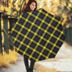 Yellow Navy And Black Plaid Print Foldable Umbrella