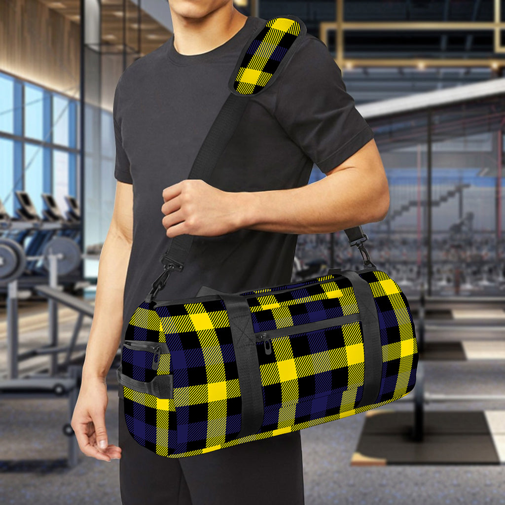 Yellow Navy And Black Plaid Print Gym Bag
