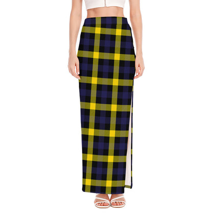 Yellow Navy And Black Plaid Print High Slit Maxi Skirt