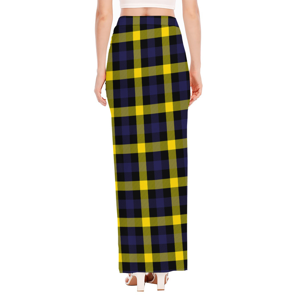 Yellow Navy And Black Plaid Print High Slit Maxi Skirt