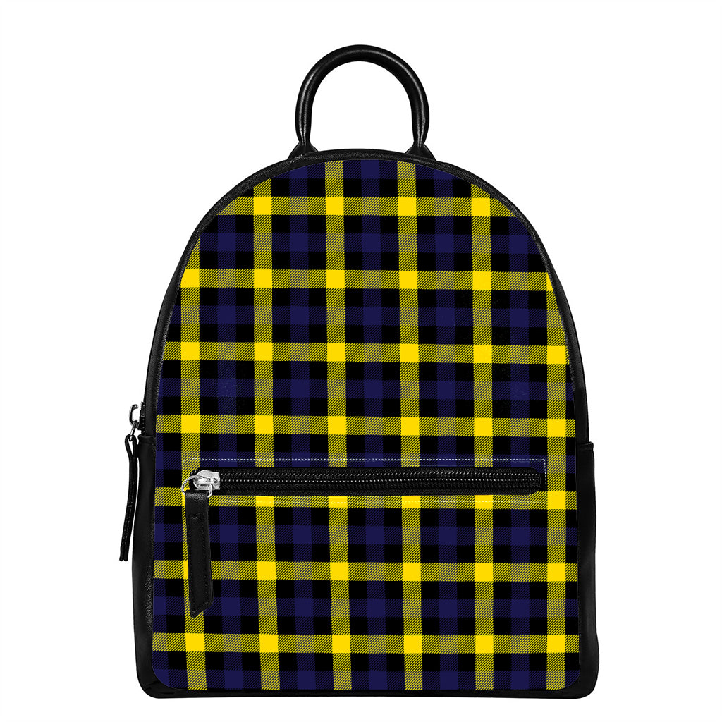 Yellow Navy And Black Plaid Print Leather Backpack