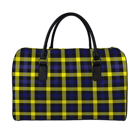 Yellow Navy And Black Plaid Print Leather Duffle Bag