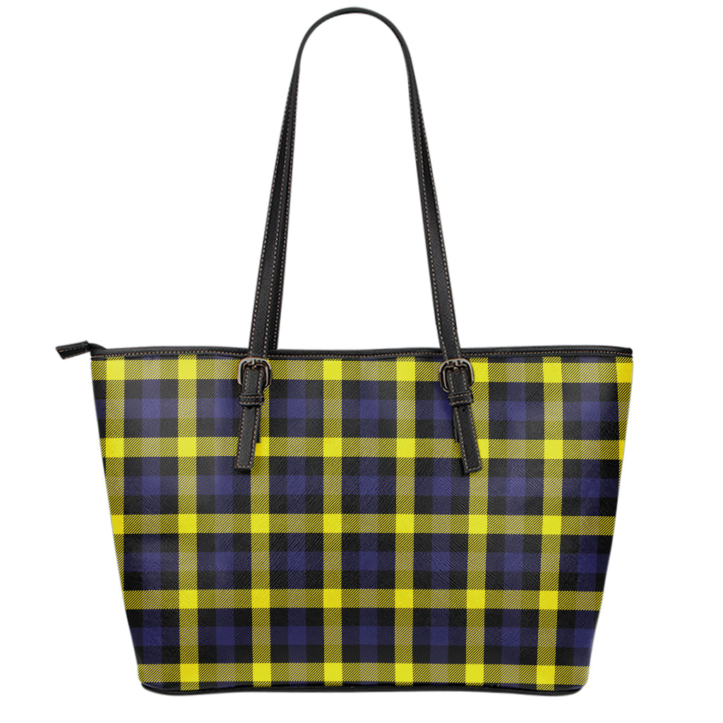 Yellow Navy And Black Plaid Print Leather Tote Bag