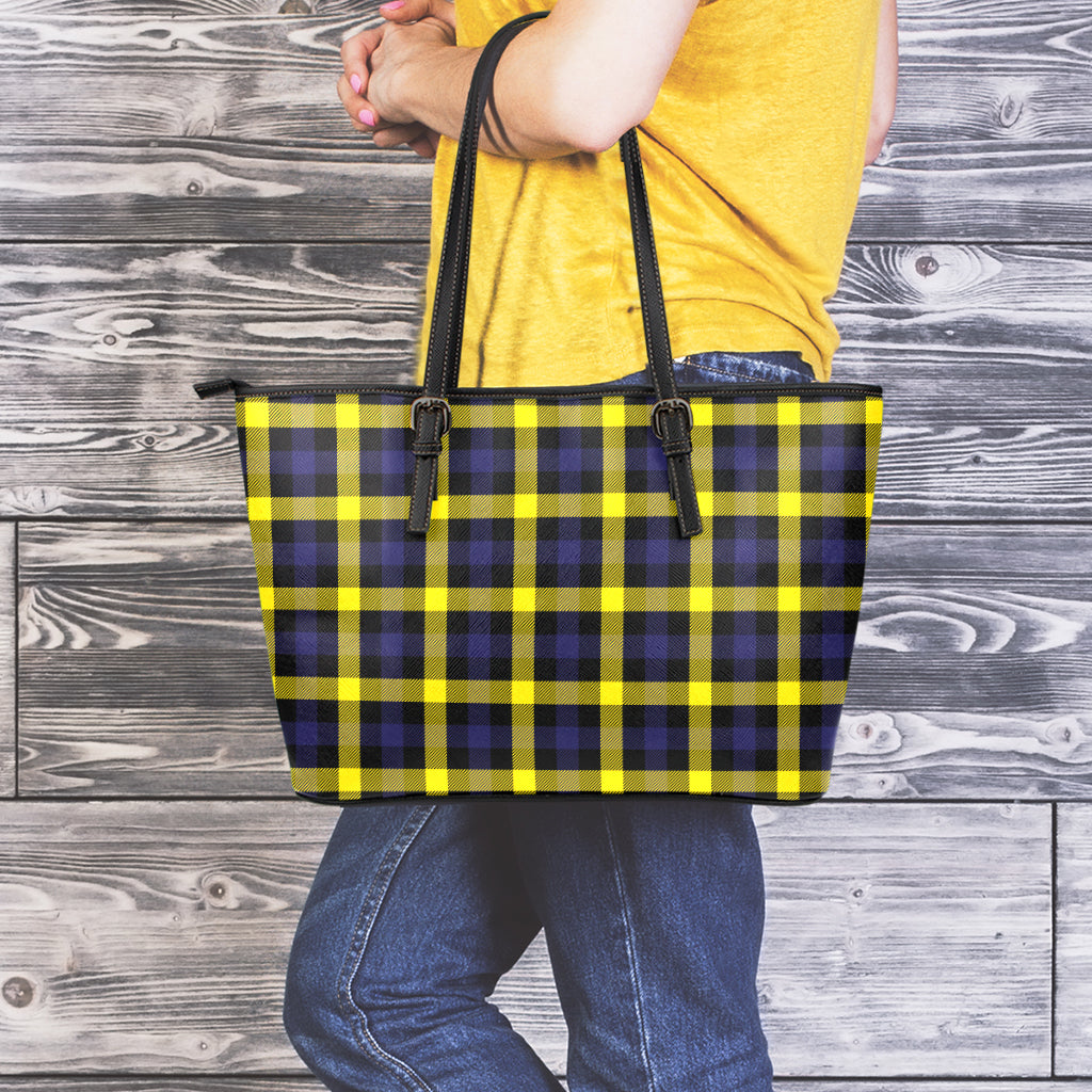 Yellow Navy And Black Plaid Print Leather Tote Bag