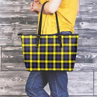 Yellow Navy And Black Plaid Print Leather Tote Bag