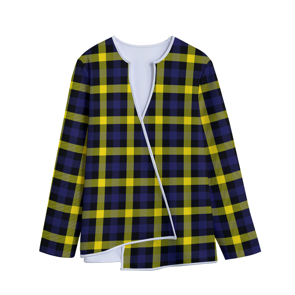 Yellow Navy And Black Plaid Print Long Sleeve Short Coat