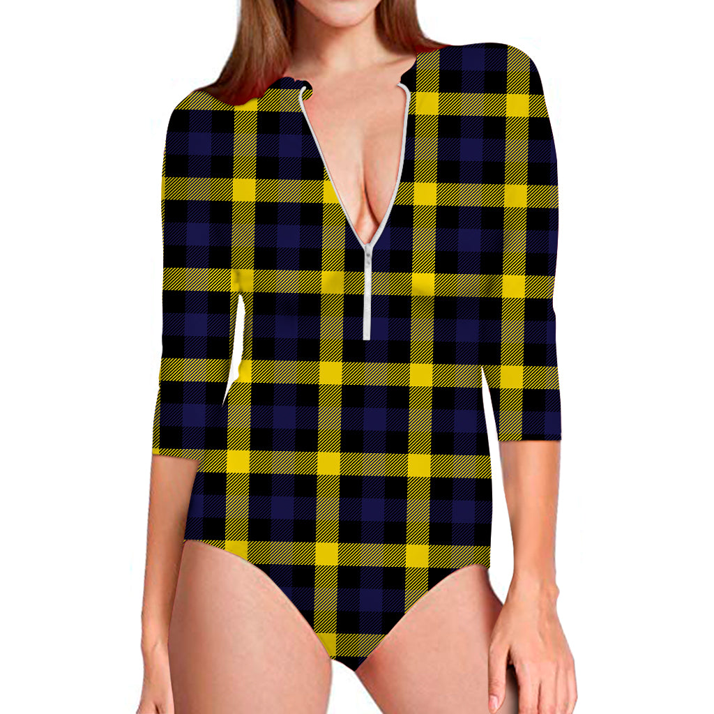 Yellow Navy And Black Plaid Print Long Sleeve Swimsuit