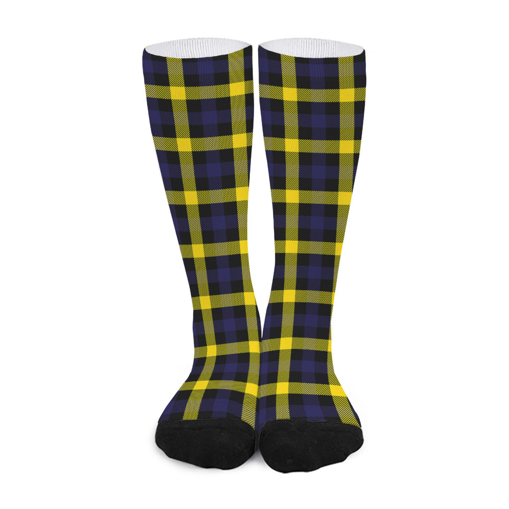 Yellow Navy And Black Plaid Print Long Socks