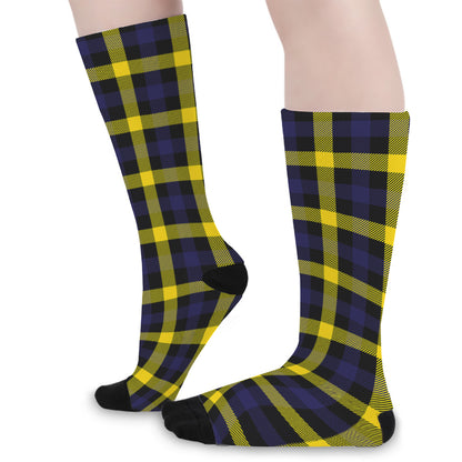 Yellow Navy And Black Plaid Print Long Socks