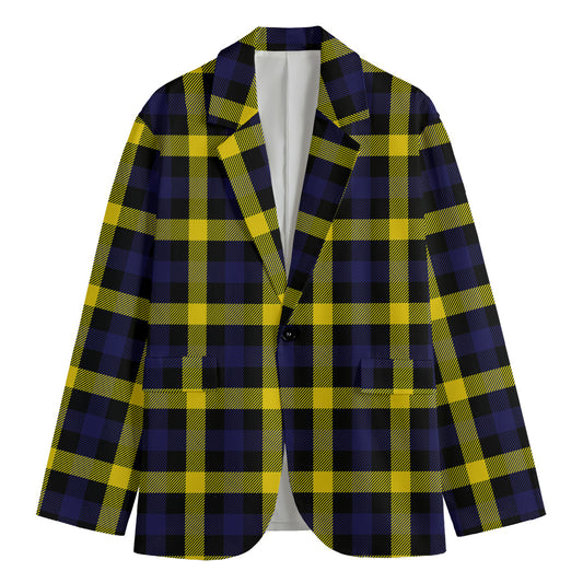 Yellow Navy And Black Plaid Print Men's Cotton Blazer