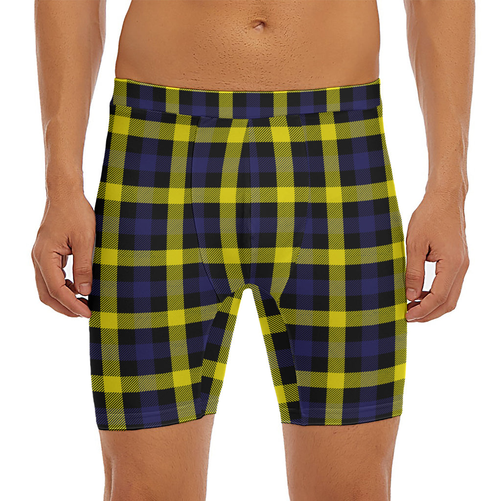 Yellow Navy And Black Plaid Print Men's Long Boxer Briefs