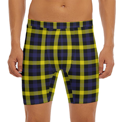 Yellow Navy And Black Plaid Print Men's Long Boxer Briefs