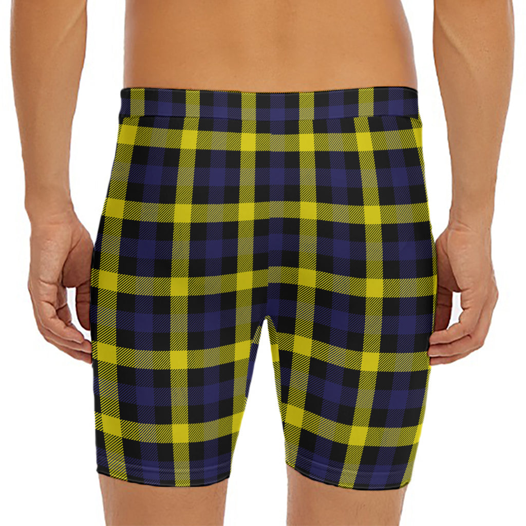 Yellow Navy And Black Plaid Print Men's Long Boxer Briefs