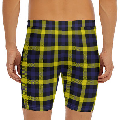 Yellow Navy And Black Plaid Print Men's Long Boxer Briefs