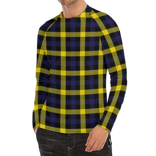 Yellow Navy And Black Plaid Print Men's Long Sleeve Rash Guard