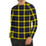 Yellow Navy And Black Plaid Print Men's Long Sleeve Rash Guard