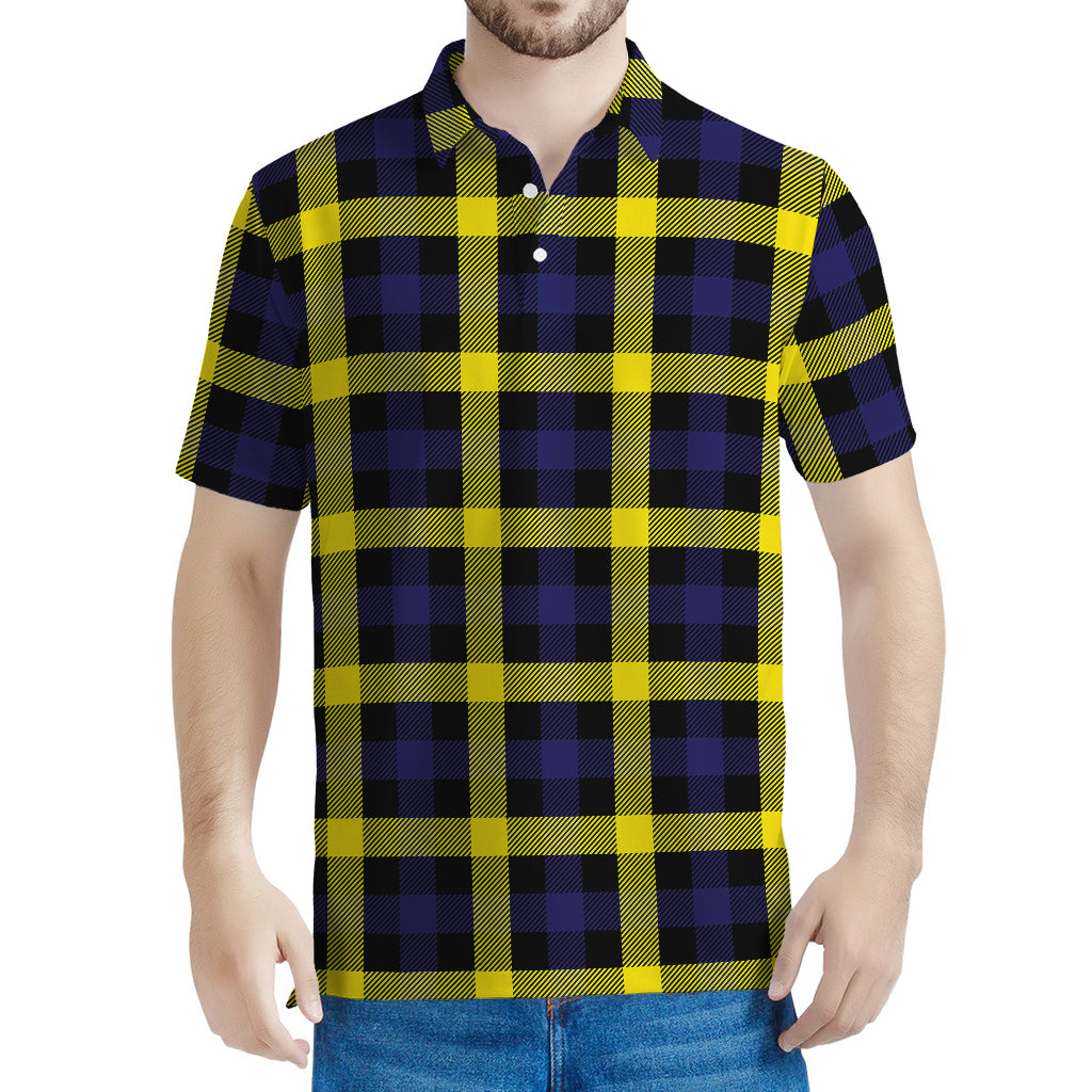 Yellow Navy And Black Plaid Print Men's Polo Shirt