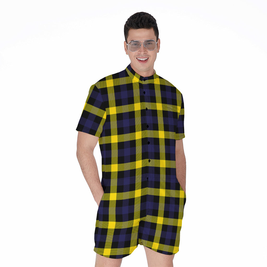 Yellow Navy And Black Plaid Print Men's Rompers
