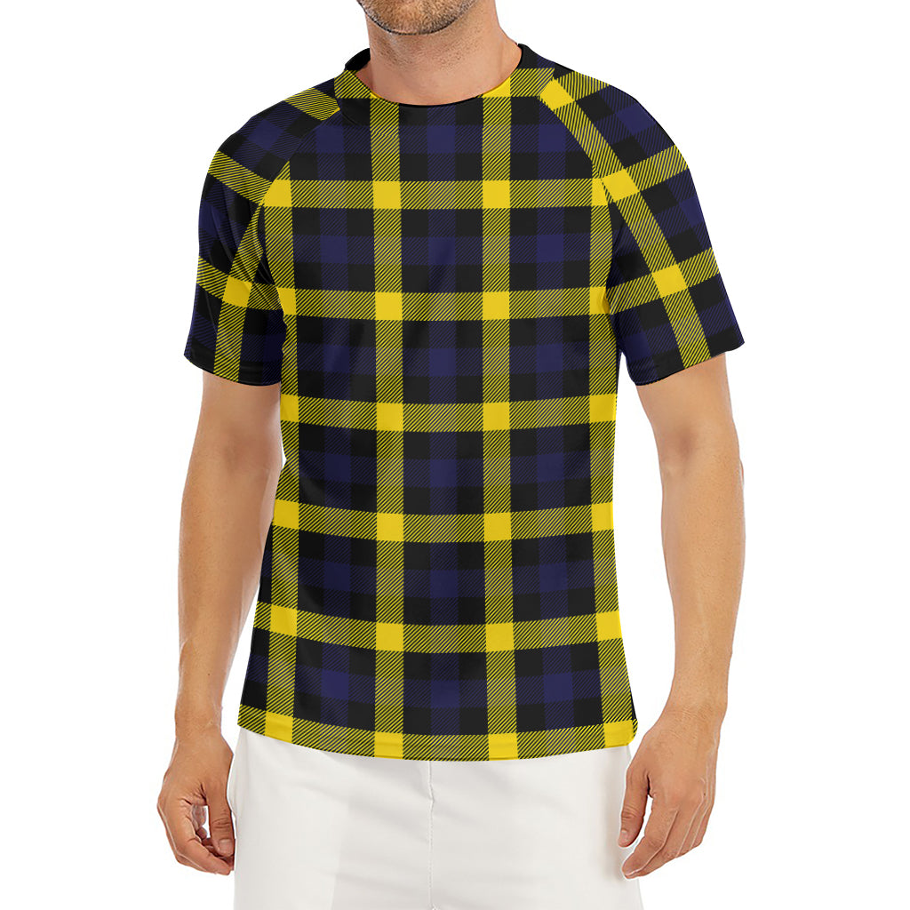 Yellow Navy And Black Plaid Print Men's Short Sleeve Rash Guard