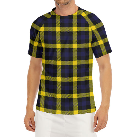 Yellow Navy And Black Plaid Print Men's Short Sleeve Rash Guard
