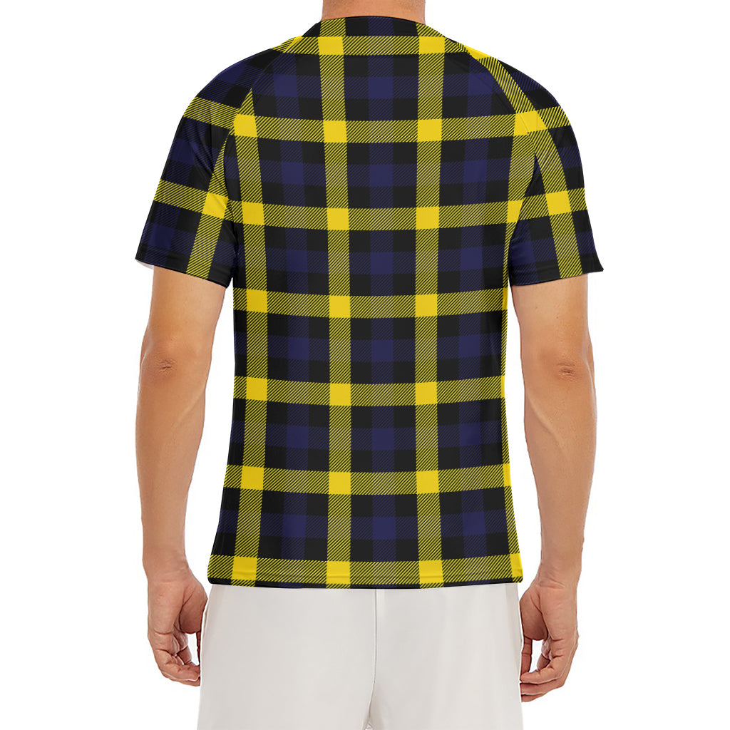 Yellow Navy And Black Plaid Print Men's Short Sleeve Rash Guard