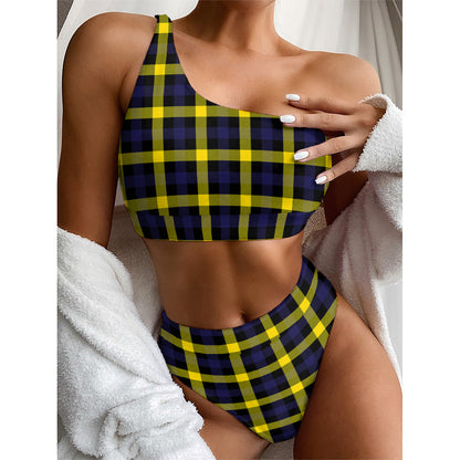 Yellow Navy And Black Plaid Print One Shoulder Bikini Top