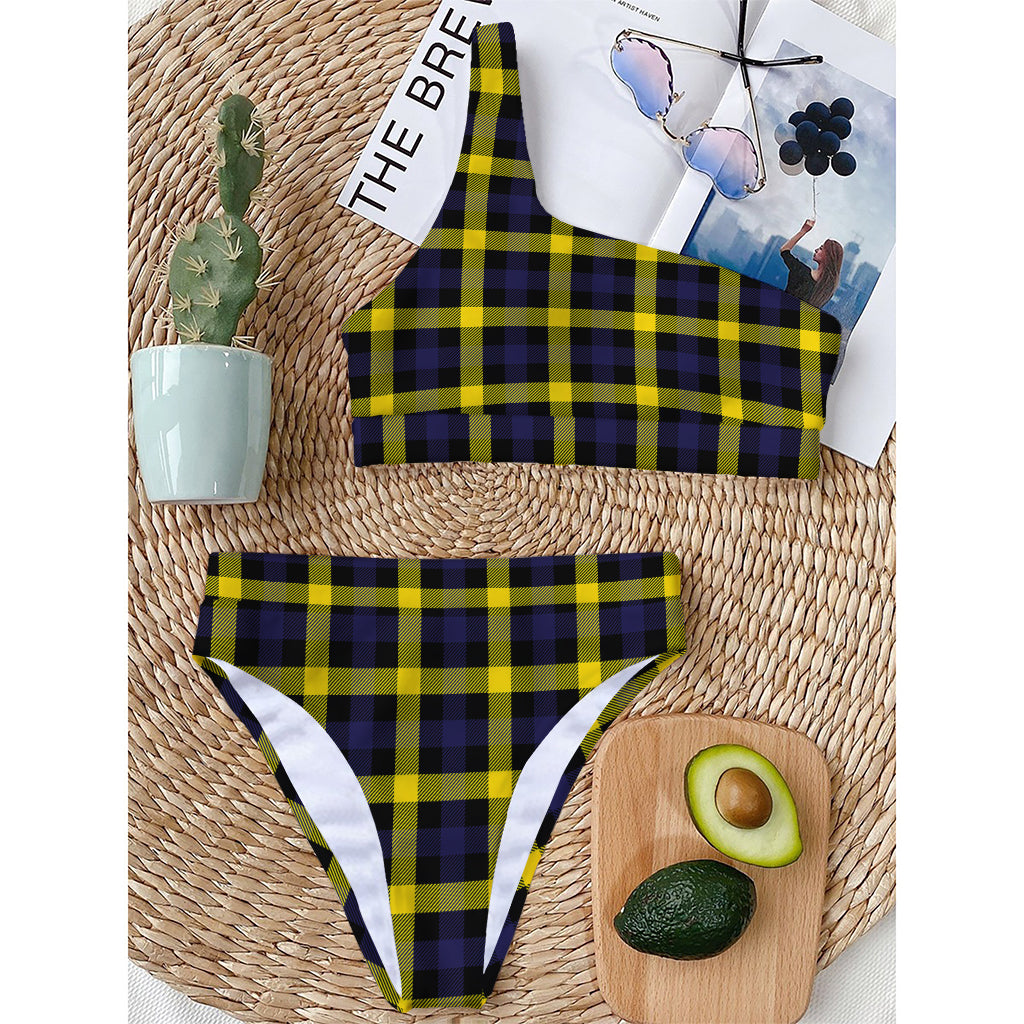 Yellow Navy And Black Plaid Print One Shoulder Bikini Top