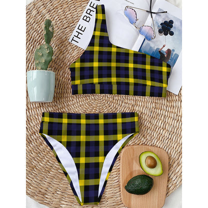 Yellow Navy And Black Plaid Print One Shoulder Bikini Top