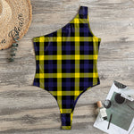 Yellow Navy And Black Plaid Print One Shoulder Bodysuit