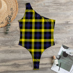 Yellow Navy And Black Plaid Print One Shoulder Bodysuit