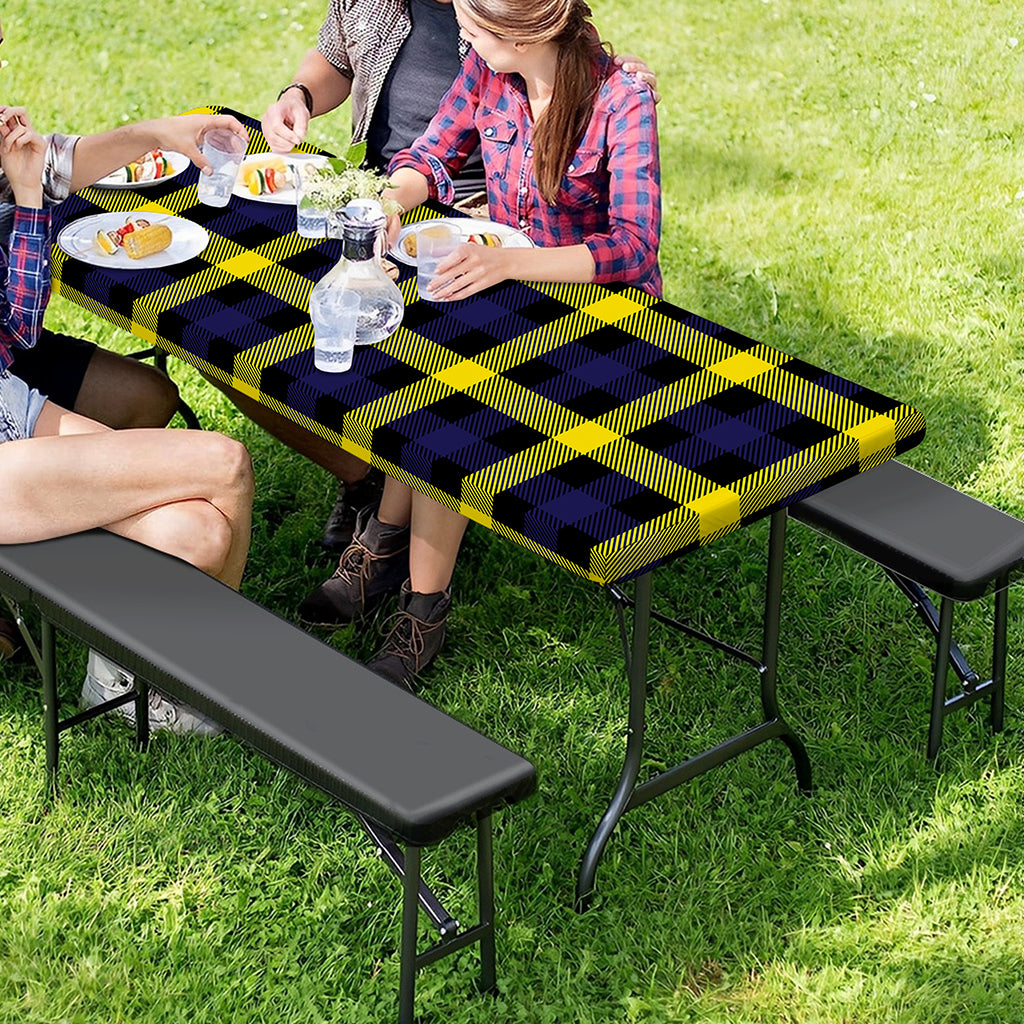 Yellow Navy And Black Plaid Print Picnic Table Cover