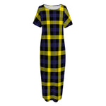 Yellow Navy And Black Plaid Print Short Sleeve Long Nightdress