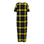 Yellow Navy And Black Plaid Print Short Sleeve Long Nightdress