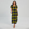 Yellow Navy And Black Plaid Print Short Sleeve Maxi Dress
