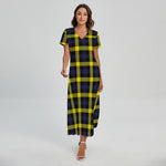 Yellow Navy And Black Plaid Print Short Sleeve Maxi Dress