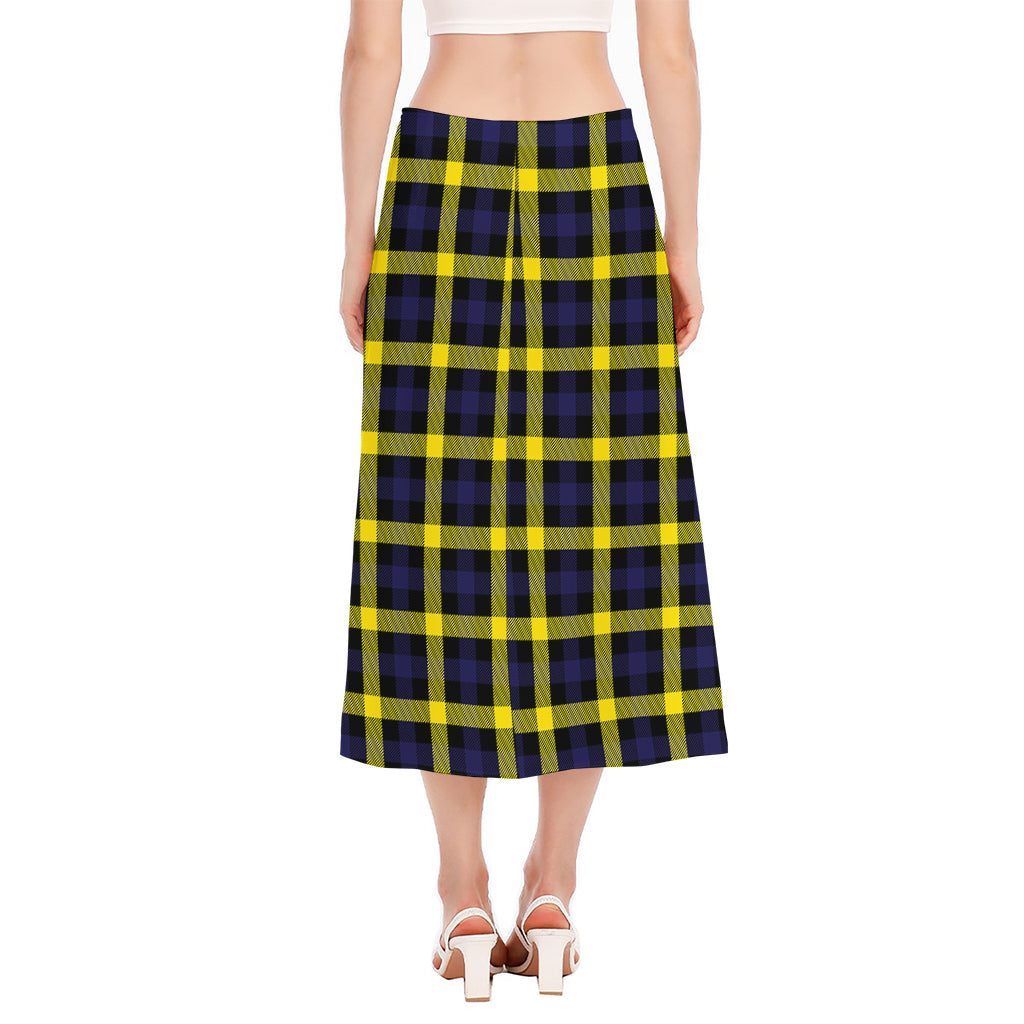 Yellow Navy And Black Plaid Print Side Slit Midi Skirt