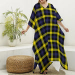 Yellow Navy And Black Plaid Print Silk V-Neck Kaftan Dress