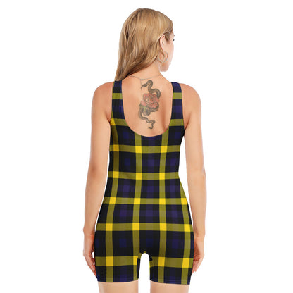 Yellow Navy And Black Plaid Print Sleeveless One Piece Swimsuit